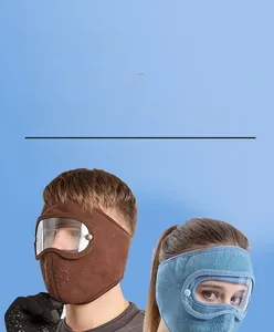 Detail of fleece cycling mask with anti-fog goggles and breathable vents for winter