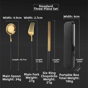 Macro shot of black and gold stainless steel cutlery set with size and weight dimensions