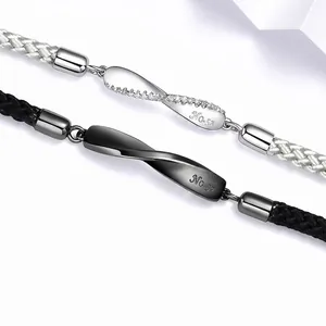 Minimalist Mobius silver braided couple bracelets with unique NO.52 engraving details