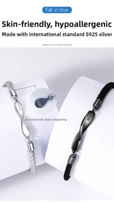 Detail of S925 sterling silver Mobius couple bracelets with black and white woven rope