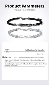 Detail view of S925 silver Mobius couple bracelets with woven rope and zirconia inlay