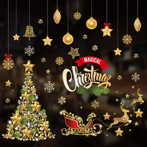 Colorful Christmas electrostatic window stickers with golden tree and magical reindeer designs