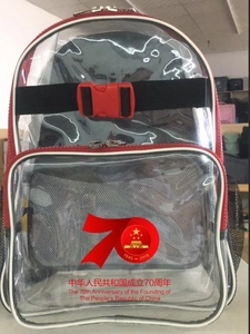 Macro detail of waterproof transparent PVC backpack with red trim and front zipper pocket