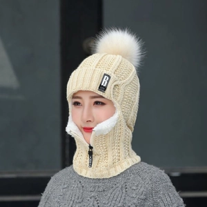 Bonnet Balaclava en Tricot d'Hiver pour Femmes Fermeture Éclair Coupe-vent Doublé en Polaire Chaud Bonnet Masque Cache-cou Ski de Plein Air Casquette de Boule de Poils