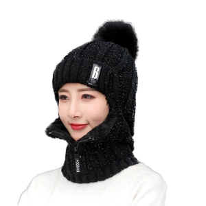 Bonnet écharpe tricoté noir pour femme avec pompon en fausse fourrure et fermeture éclair