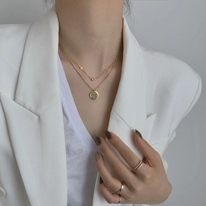 Minimalist Double Layer Stainless Steel Pendant Necklace Gold Silver Plated Cross Round Tag Rhinestone Jewelry For Women
