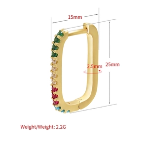 Rectangle gold hoop earrings with multi-colored crystals, 25mm height dimension view