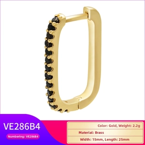 Macro detail of gold rectangle brass hoop earring with black stones and size dimensions