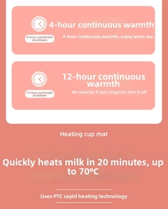 Coffee cup warmer detail showing 70°C max temperature and PTC rapid heating tech specs