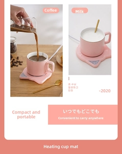 Pink cat-ear heating coaster set with matching ceramic mug for coffee and milk