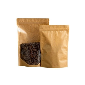 Standing kraft paper pouch with clear window and resealable zipper for food storage