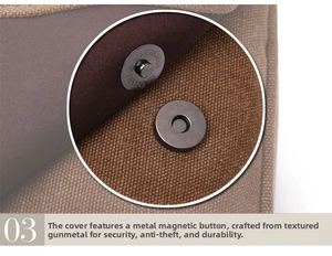 Close-up of gun-metal magnetic button on textured brown canvas crossbody bag