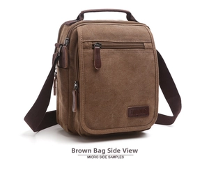 Detail view of coffee canvas shoulder bag featuring sturdy handle and brand leather label