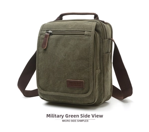 Army green canvas shoulder bag featuring multi-pocket design and brown fabric straps