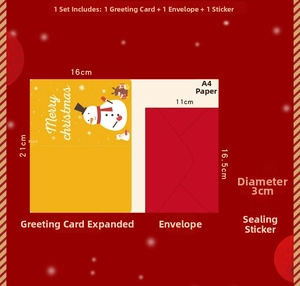 3D Christmas card set showing detailed dimensions for snowman card, envelope and sticker