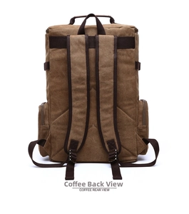 Rear view of coffee canvas backpack showing padded shoulder straps and side zipper pockets
