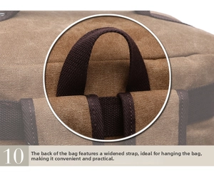 Detail showing the widened ribbon on the tan canvas backpack for easy carrying and hanging
