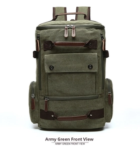 Army green canvas backpack front view featuring multiple zip pockets and leather handles