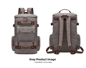 Front and back view of a grey vintage canvas backpack with brown leather accents and straps