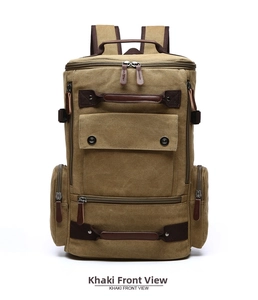 Front view of khaki canvas backpack featuring multi-pocket design and reinforced handles