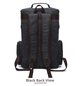 Rear view of black canvas backpack showing adjustable shoulder straps and side pockets
