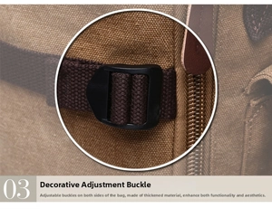 Detail of adjustable black plastic side buckle and thick webbing on brown canvas backpack