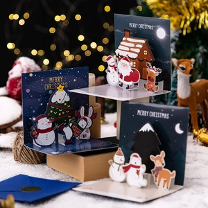 Pop Up Christmas Greeting Cards Creative Laser Cut Holiday Gift Cards With Envelopes And Stickers Cartoon Style