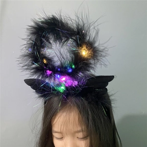 Close-up of black feather angel halo headband with colorful LED lights on model