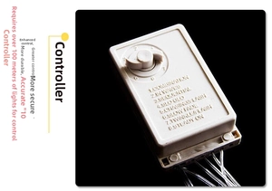 Close-up of an 8-function LED light controller with a rotary dial on a white case
