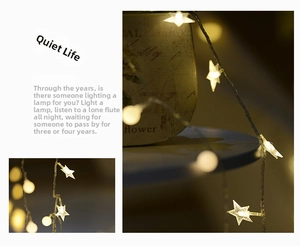 Detail of warm white star and globe LED string lights with delicate copper wiring