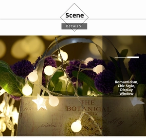Detail of warm white LED star and bulb string lights wrapped on a decorative flower bucket