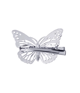 Macro detail of a silver minimalist hollow butterfly hair clip with polished metallic finish