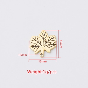 Golden maple leaf pendant in mirror stainless steel with veins, 15mm DIY jewelry part
