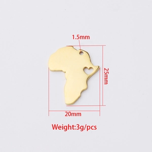 Polished gold stainless steel Africa map pendant with heart cutout and size dimensions