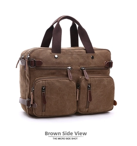 Detail view of coffee canvas laptop bag with leather accents and multi-pocket design