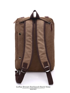 Detailed back view of coffee canvas 17-inch laptop backpack with wide shoulder straps