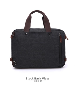 Back view of black canvas briefcase showing the hidden zipper pocket and sturdy D-rings