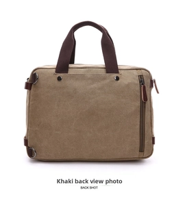 Detailed back view of khaki canvas briefcase with heavy fabric texture and vertical zip pocket