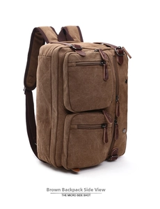 Macro side view of coffee brown canvas convertible laptop bag with multiple zip pockets