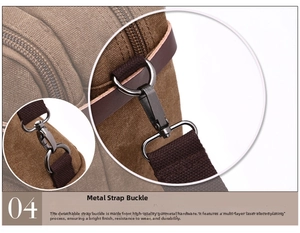 Macro detail of detachable gunmetal buckle and premium canvas strap on business bag