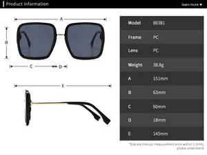 Detailed size chart for square sunglasses showing 151mm width and 63mm lens height