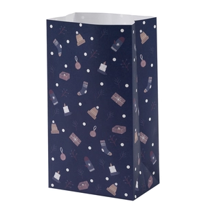 Vertical blue Christmas gift paper bag with festive winter patterns and side folds