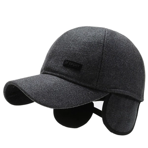 Deep grey winter baseball cap with ear flaps and SPORT leather patch for elderly men