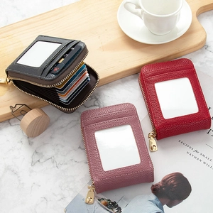 Mini Card Holder PU Leather Litchi Pattern Anti Theft RFID Zipper Wallet With ID Window Small Coin Purse For Women