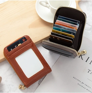 Litchi pattern leather card holder with multi-slot accordion design and metal zipper