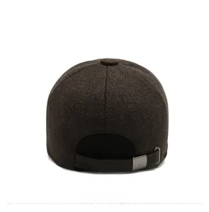 Rear view of brown wool baseball cap with adjustable metal buckle and elastic band