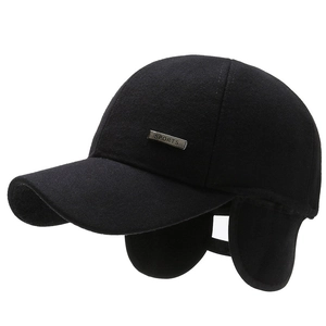 Black woolen winter baseball cap for elderly men with warm ear flaps and sports metal tag