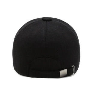 Men's winter baseball cap with ear flaps in black wool fabric and adjustable metal buckle