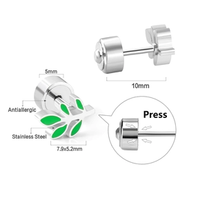 Detailed view of silver stainless steel leaf earrings with anti-allergic press backing