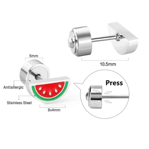Detailed view of watermelon stud earrings in stainless steel with size measurements